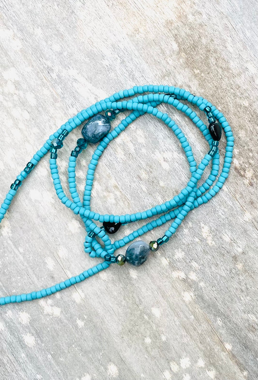 Turquoise Waist Bead with Moss Agate & Obsidian Gemstones
