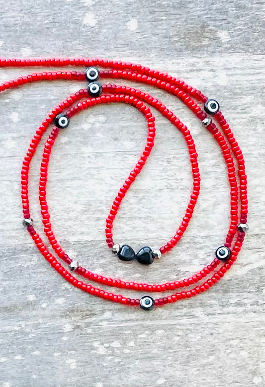 Red đź§ż Waist Bead with Lava Beads Hearts