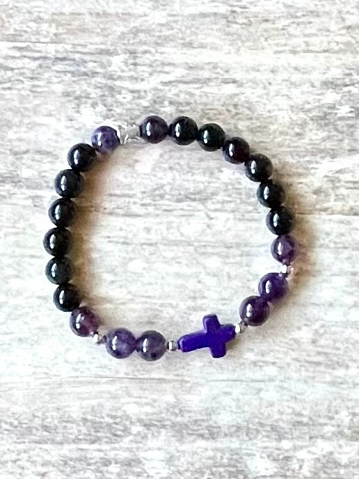 Obsidian & Amethyst Cross Gemstone Bracelet