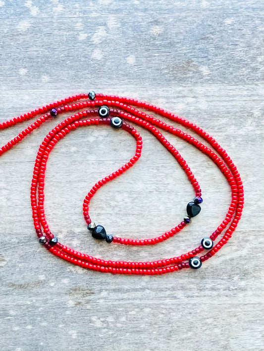 Red đź§ż Waist Bead with Lava Beads Hearts